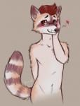 anthro biped blush brown_eyes eyewear fur glasses hair heart_symbol looking_at_viewer male navel nude red_hair simple_background smile solo standing tan_body tan_fur whiskers white_body white_fur canned_(artist) george_(fralea) mammal procyonid raccoon 2014