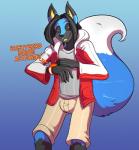 2015 5_fingers anthro biped black_body black_fur black_hair black_sclera blue_background blue_body blue_fur bottomwear bulge canid canine cel_shading clock clothed clothing desmond_fallout digital_media_(artwork) dipstick_ears dipstick_tail ear_markings english_text fingers fluffy fluffy_tail fox front_view fully_clothed fur gradient_background hair jacket jaeh leg_markings lightning_bolt male mammal markings multicolored_ears multicolored_tail open_mouth open_smile raised_tail shaded shirt shorts simple_background smile socks_(marking) solo standing tail tail_markings text topwear watch white_body white_fur wristwatch