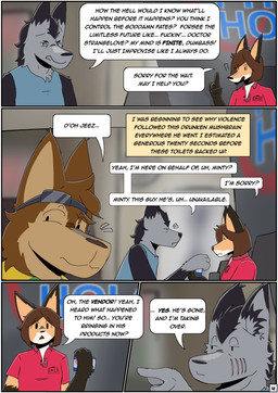annoyed anthro black_body black_fur border brown_body brown_fur brown_hair card chair clothing collared_shirt dialogue dot_eyes ear_tuft facial_scar female flight_goggles fur furniture gesture grey_body grey_fur hair half-closed_eyes hand_gesture inside looking_at_another looking_away male mohawk narration narrowed_eyes page_number pointing polo_shirt reception_desk receptionist scar scarf shirt simple_eyes speech_bubble tank_top text topwear tuft white_border ferrx strays_in_paradise dark_matter_(li'l_melon) li'l_melon ambiguous_species canid canine canis fox mammal wolf absurd_res comic english_text hi_res