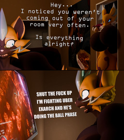 angry anthro big_breasts breasts computer duo electronics female gaming huge_breasts hyper hyper_breasts playing_video_game profanity text notsobretheren warfaremachine_(modeler) bandai_namco digimon nintendo path_of_exile pokemon rena_(notsobretheren) warfare_zeraora zee_(notsobretheren) canid digimon_(species) generation_7_pokemon legendary_pokemon mammal pokemon_(species) renamon zeraora 3d_(artwork) absurd_res comic digital_media_(artwork) english_text hi_res meme