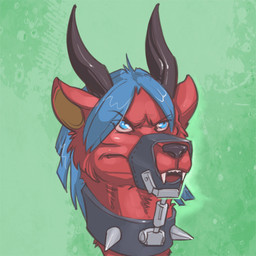 ambiguous_form angry anthro bdsm blue_eyes blue_hair bondage bound collar ears_outwards glare hair horn leather looking_at_viewer male mouth_closed muzzle_(object) muzzled pink_eyes pivoted_ears red_body simple_background snout solo spiked_collar spikes teeth spiritraptor mythology mat'ra_klirahn dragon mythological_creature mythological_scalie scalie 1:1 icon