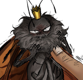 ambiguous_gender antennae_(anatomy) anthro black_body blush clenched_teeth crown dark_body dark_skin duo eyespots gold_crown headgear insect_wings looking_at_viewer markings motion_lines nude orange_wings pupils ruff simple_background slit_pupils solo_focus teeth white_background wings musteatshabshab disney hoppers_(disney) pixar titus_(hoppers) arthropod butterfly human insect lepidopteran mammal monarch_butterfly 2026 digital_media_(artwork) hi_res korean_description translated_description