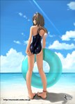 adjusting_swimsuit beach bell brown_hair butt clothed clothing clothing_pull cloud dipstick_tail female hair holding_object inflatable inner_tube looking_at_viewer looking_back markings one-piece_swimsuit open-back_swimsuit seaside solo swimwear swimwear_pull tail tail_markings murasaki_nyaa animal_humanoid cat_humanoid felid felid_humanoid feline feline_humanoid humanoid mammal mammal_humanoid 2010