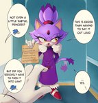 anthro clothing dialogue dress female gloves handwear male paper purple_clothing purple_dress speech_bubble text yellow_eyes nenafena sega sonic_the_hedgehog_(series) blaze_the_cat sonic_the_hedgehog domestic_cat eulipotyphlan felid feline felis hedgehog mammal absurd_res english_text hi_res