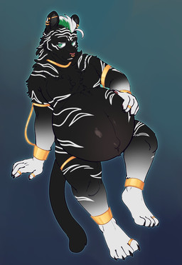 anklet anthro bracelet ear_piercing ear_ring gradient_background hand_on_belly jewelry male necklace nude piercing pregnant pregnant_male ring_piercing simple_background sitting solo itsthenutzone felid mammal pantherine tiger hi_res