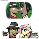 1:1 amber_eyes biff_(mlp) blue_eyes blush caballeron_(mlp) clothing conditional_dnp dialogue duo english_text equid equine eye_patch eyewear face_to_face fedora feral five_o'clock_shadow fluttershy_(mlp) friendship_is_magic green_eyes hasbro hat headgear headwear horse jcosneverexisted male mammal my_little_pony pony text touching_face