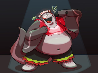 anthro belly bottomwear clothing crop_top electronics grey_body male microphone navel overweight shirt shorts singing solo topwear puddleofpudo nintendo splatoon big_man_(splatoon) aquatic fish manta_ray ray_(fish) stingray 4:3 hi_res