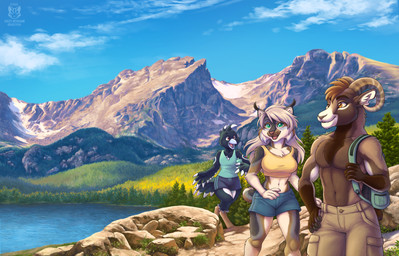 3_toes 5_fingers anthro avian_feet barefoot biped bottomwear breasts claws clothed clothed_anthro clothed_female clothed_male clothing cloud countershade_torso countershading day digitigrade feet female finger_claws fingers forest front_view fully_clothed fully_clothed_anthro fully_clothed_female fully_clothed_male fur group hair horn lake male mountain navel outside pants plant sky smile standing tail teeth toes tongue topwear tree trio water kacey avian bird bovid caprine felid feline goat lynx mammal 2025 digital_drawing_(artwork) digital_media_(artwork) hi_res