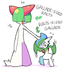 >_< angry duo eyes_closed hair hair_over_eyes humanoid_pointy_ears male not_furry open_mouth open_smile pointy_ears simple_background size_difference smile white_background melfunnysmell nintendo pokemon gallade generation_3_pokemon generation_4_pokemon humanoid pokemon_(species) ralts hi_res