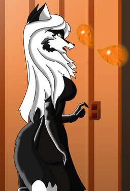 anthro black_clothing black_dress breasts clothing dress fangs female hair solo tail teeth white_hair yellow_eyes mcmuffinmrfox canid canine fox mammal undead vampire story