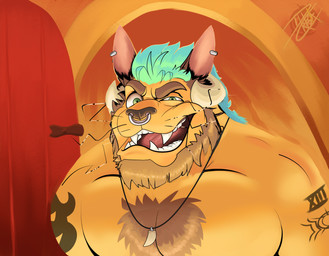 anthro beard blue_hair body_hair chest_fur chest_hair door facial_hair facial_piercing fangs fire hair horn insane jewelry male musclegut muscular necklace nose_piercing piercing smile solo tattoo teeth dillcresta disney zootopia rufus_rooskram kangaroo macropod mammal marsupial absurd_res hi_res