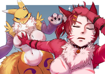 3_fingers 5_fingers angry annoyed anthro arm_tuft belly belt big_breasts biped black_claws black_nose black_sclera blue_eyes blush blush_lines breast_grab breasts cheek_tuft claws clothed clothed/nude clothing collar countershade_torso countershading curvy_figure double_tomoe duo eyebrows eyelashes eyes_closed facial_tuft female fingers fluffy frown fur fur_markings hair hair_grab hand_on_breast huge_breasts humanoid_face long_ears long_tail looking_at_another looking_at_viewer markings motion_lines navel neck_tuft nude pose purple_body purple_clothing purple_fur red_hair scar short_ears shoulder_tuft simple_background sparkles standing tail thick_thighs tomoe_(symbol) touching_hair tuft vein white_body white_countershading white_fur wide_hips yellow_body yellow_fur ppcat bandai_namco digimon jujutsu_kaisen naoya_hair_flip canid digimon_(species) felid feline mammal renamon colored hi_res meme shaded