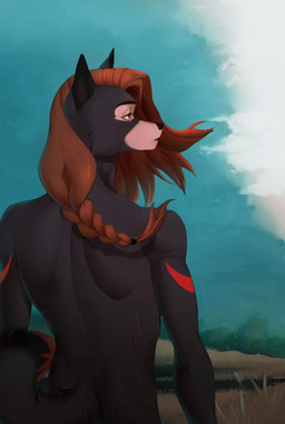anthro braided_hair braided_ponytail field hair male nude nude_anthro ponytail raining solo wind boziee brian_hart canid canine canis mammal wolf animated