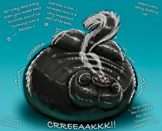 anthro blush dialogue female fur groan immobile inflation lying multicolored_body multicolored_fur nude on_front solo sound_effects swelling tail text ian-exe over_the_hedge stella_(over_the_hedge) mammal mephitid skunk 2026 english_text hi_res signature