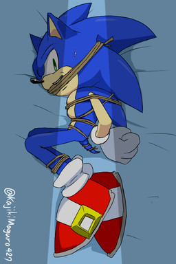 4_fingers ambiguous_gender anthro bdsm bedding bedding_background belly black_nose blue_body blue_fur bodily_fluids bondage bound captured clothing dakimakura fingers footwear fur gloves green_eyes hands_behind_back hands_tied_behind_back handwear kidnapping legs_tied lying on_side pupils quills_(anatomy) red_clothing red_footwear red_shoes restraints rope rope_bondage shoes solo sweat sweatdrop tail tail_tied tan_arms tan_belly tan_muzzle teeth white_clothing white_gloves white_handwear kalk427 sega sonic_the_hedgehog_(series) sonic_the_hedgehog eulipotyphlan hedgehog mammal dakimakura_design signature male_(lore)