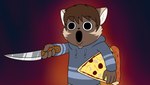 anthro clothing food gesture glowing glowing_background hand_gesture hoodie humor knife male open_mouth parody pizza pointing pointing_at_viewer screaming solo topwear weapon crovirus adult_swim cartoon_network pogchamp smiling_friends adrian_(crovirus) gulonine mammal marten mustelid musteline pine_marten hi_res meme