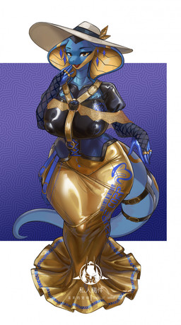 anthro barcode big_breasts big_hat blue_body blue_scales breasts clothing dress exclamation_point female frilly frilly_clothing frilly_dress furgonomic_piercing furgonomics glistening glistening_clothing glistening_dress glistening_thighs hobble_dress hobble_skirt huge_hips huge_thighs latex latex_clothing lock_symbol looking_at_viewer nipple_outline open_mouth piercing ring scales seam_(sewing) sharp_teeth small_waist snake_hood solo tail teeth thick_thighs tight_clothing tight_dress wide_hips shanher reptile scalie snake absurd_res hi_res