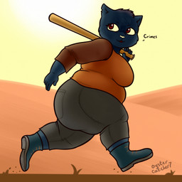 anthro baseball_bat bat_(object) belly big_breasts big_butt black_body black_fur black_hair bottomwear breasts butt clothed clothing denim denim_bottomwear denim_clothing dialogue female footwear fur hair holding_baseball_bat jeans looking_back outside overweight overweight_anthro overweight_female pants red_eyes running shirt shoes side_view solo sunset text thick_thighs topwear oystercatcher7 night_in_the_woods mae_borowski domestic_cat felid feline felis mammal 1:1 hi_res signature