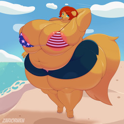 american_flag_bikini anthro areola areola_slip beach belly belly_overhang big_bell big_breasts big_butt big_tail bikini breast_overflow breasts butt claws clothing female flag_bikini flag_swimwear fluffy fluffy_tail glistening glistening_body green_eyes hair hand_behind_head huge_breasts huge_butt huge_hips looking_at_viewer navel overweight overweight_female red_hair sand short_hair solo swimwear tail thick_thighs tight_clothing two-piece_swimsuit wide_hips yellow_body zariorwen canid canine canis domestic_dog mammal 1:1 full-length_portrait hi_res portrait