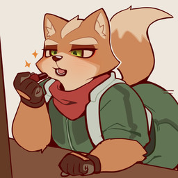 anthro biped black_lips black_lipstick bottomwear clothed clothing eyebrows fingers fur gloves green_eyes handwear inner_ear_fluff lips lipstick makeup male orange_body orange_fur scarf simple_background solo tail teeth tongue topwear tuft white_background berseepon09 nintendo star_fox fox_mccloud canid canine fox mammal 1:1