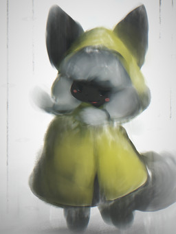 anthro bangs black_body black_ears black_fur black_tail blush clothing coat eyelashes female female_anthro fur grey_hair hair kemono long_hair looking_at_viewer open_mouth pointy_ears prick_ears pupils raincoat raining red_eyes red_tongue solo standing tail tied_hair tongue topwear wet hasukii mayumi_lopez_(hasukii) canid canine mammal 3:4