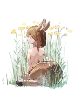animal_ears brown_hair female flower hair hooves nude nude_taur plant rear_view simple_background sitting solo white_background young mullmull deer deer_taur humanoid_taur mammal mammal_taur taur