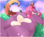 anthro balls balls_focus big_balls big_butt blush border butt butt_focus casual_nudity eating food fruit genitals grass hair holding_object horn looking_at_viewer looking_back lying male meadow non-mammal_balls nude on_front outside pink_hair plant purple_body sky slightly_chubby solo surprise tail thick_thighs white_border wide_hips ampersand_ad dungeons_and_dragons hasbro mythology wizards_of_the_coast briar_(ampersand_ad) dragon dragonborn_(dnd) mythological_creature mythological_scalie reptile scalie 6:5 digital_media_(artwork) hi_res