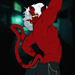 bottomwear clothed clothing ear_piercing eyebrows hair horn male namashi nipples pants piercing red_body red_eyes red_skin solo spade_tail tail tattoo topless topless_male white_eyebrows white_hair yellow_sclera humanoid