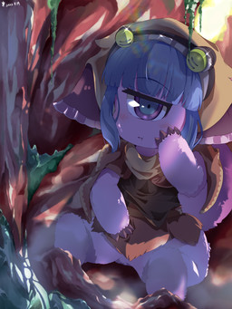 1_eye bangs blue_eyes blue_hair blunt_bangs blush cape clothing eyebrow_through_hair eyebrows female fluffy fur hair hand_on_face headgear headwear looking_at_viewer mouth_closed multicolored_eyes pink_body pink_fur purple_eyes sitting solo translucent translucent_hair aokaly made_in_abyss pakkoyan cyclops humanoid narehate absurd_res hi_res