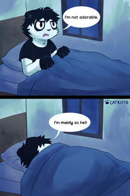 anthro bed black_hair clothed clothing dialogue furniture hair male pillow solo speech_bubble text catkitte panda_(catkitte) bear giant_panda mammal 2:3 absurd_res comic english_text hi_res