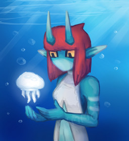 anthro biped blue_body bubble clothed clothing dress duo female feral fully_clothed hair horn long_ears red_hair sea solo_focus underwear water yellow_eyes mimmo atlyss mimmo_(mimmo) aquatic fish imp_(atlyss) digital_media_(artwork) half-length_portrait hi_res portrait