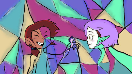 ambiguous_gender brown_hair eyes_closed female feral green_eyes group hair humanoid_pointy_ears pattern_background pink_hair pointy_ears simple_background smile trio yellow_eyes churchofyolk disney gotye kimbra somebody_that_i_used_to_know the_owl_house amity_blight luz_noceda stringbean_(the_owl_house) human mammal reptile scalie snake witch_(the_owl_house)