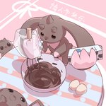 beady_eyes brown_body brown_fur candy chocolate cooking dessert ear_hands egg food fur group horn kitchen_utensils long_ears milk prehensile_ears stirring text tools whisk kcyan12 bandai_namco digimon chocomon digimon_(species) lopmon 1:1 hi_res japanese_text