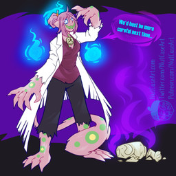 anthro barefoot bottomwear breasts clothing coat dialogue feet female fur hair hair_bun implied_transformation lab_coat open_mouth pants pink_body pink_fur pink_hair plantigrade red_clothing red_shirt red_topwear shirt simple_background smile solo standing tail text topwear torn_clothing nut-case nintendo pokemon generation_1_pokemon generation_4_pokemon hybrid legendary_pokemon mew_(pokemon) pokemon_(species) spiritomb 1:1 2022 digital_media_(artwork) english_text hi_res