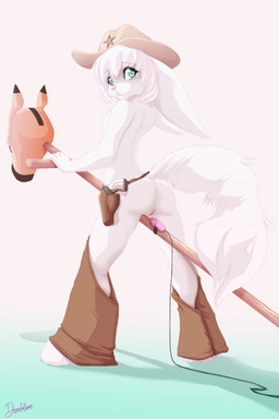 anthro bodily_fluids clothing cowboy_hat egg_vibrator female fluffy fur genital_fluids hat headgear headwear heart_symbol looking_at_viewer looking_back sex_toy short simple_background solo straddling vaginal_fluids vibrator white_background white_body white_fur thedandelion canid canine fox hybrid lagomorph leporid mammal rabbit 2:3 absurd_res hi_res restricted_palette
