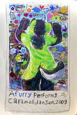 ambiguous_gender anthro black_text blue_text cloud dancing flower_symbol green_body green_tail heart_symbol nya rainbow raised_arms rear_view smiley_face solo star_symbol sticker tail text kiwisodas caramelldansen wikipedia natalie_ceviche_lima canid canine canis domestic_dog husky mammal nordic_sled_dog spitz crayon_(artwork) english_text handwritten_text hi_res meme traditional_media_(artwork)