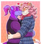 anthro blue_nose claws clothing duo eyes_closed facial_hair fangs fur goatee gradient_background hair heart_(marking) heart_symbol horn hug hugging_another kissing kissing_cheek male male/male mane markings multicolored_body multicolored_fur multicolored_hair outline pattern_background pattern_clothing pattern_shirt pattern_topwear pink_body pink_hair pink_mane pink_nose plaid plaid_clothing plaid_shirt plaid_topwear ponytail purple_body purple_fur shirt simple_background smile smiling_at_another smiling_at_partner star_(marking) tan_body tan_fur teeth topwear vest white_outline neruk felid lion mammal mustelid otter pantherine absurd_res hi_res