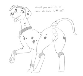 anatomically_correct anatomically_correct_genitalia anatomically_correct_vulva animal_genitalia animal_vulva anus black_nose butt canine_genitalia canine_vulva cardio_lesson collar exercise_clothing eyebrows eyelashes female female_feral feral fur genitals markings open_mouth plump_labia presenting presenting_anus presenting_hindquarters presenting_vulva quadruped raised_tail simple_background solo spots spotted_body tail tail_anus talking_to_viewer text tongue vulva white_background halbean 101_dalmatians disney perdita canid canine canis dalmatian domestic_dog mammal absurd_res digital_media_(artwork) english_text hi_res monochrome