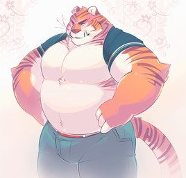 anthro belly biped bottomwear clothing humanoid_hands male musclegut muscular overweight overweight_male pants solo greenendorf felid mammal pantherine tiger 2015 hi_res