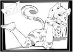 anthro border bottomless clothed clothing female fur genitals hair looking_back open_mouth panties pussy question_mark solo spread_legs spreading underwear white_border sicmop fuf_(character) felid hybrid leopard mammal pantherine monochrome