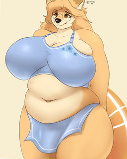anthro big_breasts bikini black_eyebrows black_nose breasts cleavage clothed clothing deep_navel dipstick_ears ear_markings eyebrows eyewear female glasses holding_object inflatable inner_tube markings multicolored_ears navel orange_eyes slightly_chubby slightly_chubby_anthro slightly_chubby_female solo standing swimwear tan_inner_ear two-piece_swimsuit wearing_glasses hidenafox canid canine fox mammal 4:5 absurd_res hi_res shaded