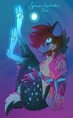 anthro blue_body blue_eyes blue_nipples blue_skin brown_hair countershading female fur glowing glowing_hooves grey_body grey_fur hair holding_legs_up holding_own_legs_up hooves magic_user nipples partial_transformation prosthetic prosthetic_arm prosthetic_limb solo species_transformation spots transformation pankallisti circe_(pankallisti) deer hybrid mammal hi_res