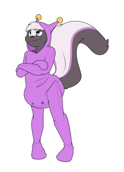 ambiguous_gender anthro big_diaper black_body black_fur black_nose black_tail button_(fastener) clean_diaper clothed clothing crossed_arms diaper diaper_under_clothing diaper_under_onesie frown fur grumpy hair multicolored_body multicolored_fur multicolored_tail narrowed_eyes onesie purple_body purple_fur purple_tail simple_background snapsuit solo standing tail three-quarter_view wearing_diaper white_background white_body white_fur white_hair white_tail bubblepuppers sega space_channel_5 skunky_(smellyskunkybutt) alien mammal mephitid morolian skunk absurd_res full-length_portrait hi_res portrait