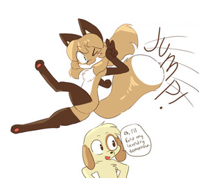 anthro brown_body brown_eyes brown_fur dipstick_tail duo female female_anthro fur gloves_(marking) green_eyes hair humor leg_markings male markings pawpads paws pink_pawpads pun socks_(marking) tail tail_markings text visual_pun white_body white_fur conditional_dnp fiddleafox averi_(fiddleafox) canid canine canis domestic_dog fox mammal red_fox true_fox character_request english_text