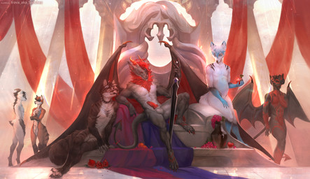 anthro apple balls chair claws collar finger_claws food fruit fur furniture genitals gloves_(marking) grape group hair halo horn knot knotted_penis leg_markings male mane markings melee_weapon muscular muscular_anthro muscular_male nude nude_anthro nude_male paws penis plant pomegranate reclining sitting socks_(marking) spade_tail spiked_collar spikes standing stripes sword tail throne toe_claws weapon wing_claws wings trava_aka_sanchez dietrich_von_verlangen_(theredmargrave) mavi saerro sarin_(saerro) zuul_(saerro) bovid canid canine caprine demon fox goat mammal 2025 digital_media_(artwork) hi_res