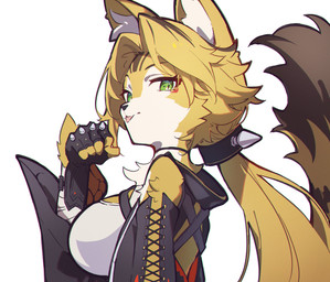 anthro blonde_hair breasts clothing eyebrows eyelashes female fingerless_gloves fur gloves green_eyes hair handwear inner_ear_fluff neck_tuft ponytail solo tuft white_body white_fur yellow_body yellow_fur tecsan927 mihoyo zenless_zone_zero pulchra_fellini felid feline felis mammal thiren 2025 absurd_res hi_res