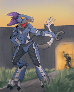 3_fingers 3_toes anthro armor avian_caruncle beak bionic_tail bionics clothed clothed_anthro clothed_male clothing cybernetic_limb cybernetic_tail digitigrade duo empty_eyes face_covered feather_hair feathered_crest feathers feet fingers gesture hand_on_hip hand_on_own_hip head_crest long_tail male outside prosthetic prosthetic_limb prosthetic_tail pseudo_hair purple_body purple_feathers quill_hair sharp_teeth sky solo_focus spurs_(anatomy) tail teeth toes waving yellow_eyes akilae06 halo_(series) microsoft xbox_game_studios alien avian kig-yar ruuhtian scalie t'vaoan colored hi_res