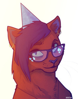 black_hair blue_clothing blue_hat blue_headwear cheek_tuft clothing ear_piercing ear_ring eyewear facial_tuft female fur glasses hair hat headgear headwear inner_ear_fluff looking_at_viewer mouth_closed neck_tuft party_hat piercing red_body red_ears red_fur red_inner_ear_fluff ring_piercing semi-anthro simple_background solo text tuft wearing_glasses whiskers white_background unknowhiter felid mammal 2015 artist_name bust_portrait portrait