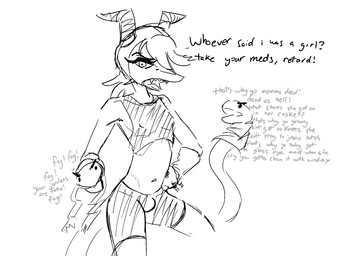 anthro belly bulge clothed clothing crossgender dialogue ftm_crossgender hair hat headgear headwear horn humor looking_at_viewer male navel puppet solo talking_to_viewer text general_proton cavemanon_studios snoot_game schizo_chan_(snoot_game) compsognathid compsognathus dinosaur prehistoric_species reptile scalie theropod english_text monochrome