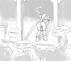 anthro backpack being_watched boots butt clothing dialogue female footwear genitals group hair horn loli looking_at_another male mooning panties presenting public public_nudity scarf shoes speech_bubble staff text underwear vulva window young young_anthro smekbo blizzard_entertainment warcraft li_li_stormstout bear mammal pandaren 2018 black_and_white english_text monochrome